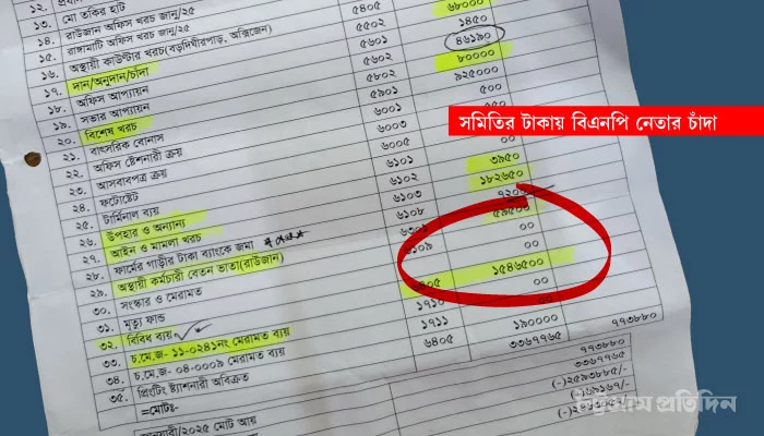 অভিযোগ রয়েছে, বিবিধ ব্যয় দেখিয়ে সমিতির রাতারাতি ১৫ লাখ টাকা তুলে এক বিএনপি নেতার হাতে তুলে দেওয়া হয়।